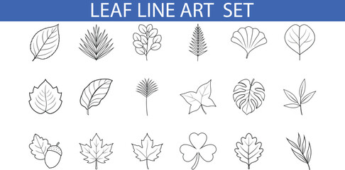 A set of 18 simple line art illustrations depicting various leaf shapes, including maple, oak, ginkgo, and palm leaves.