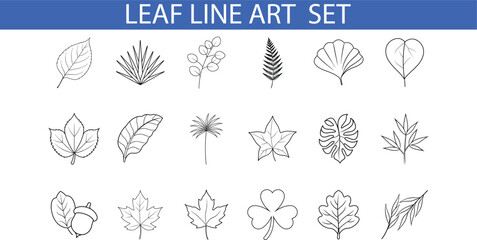 A collection of 18 line art leaf illustrations, featuring various shapes and styles. Each leaf is outlined in black against a white background, creating a simple and elegant design.