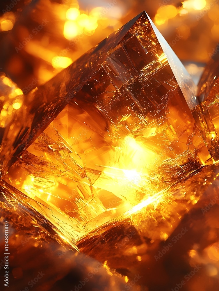 Aufkleber a stunning close-up of a translucent amber crystal, glowing brightly with golden hues and intricate 
