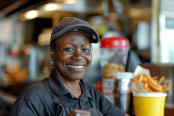 Middle aged adult African American female fast food worker
