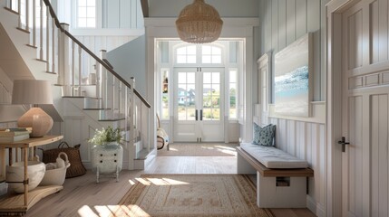 A Light and Airy Entryway with a White Staircase, a Bench, and a View Through Double Doors
