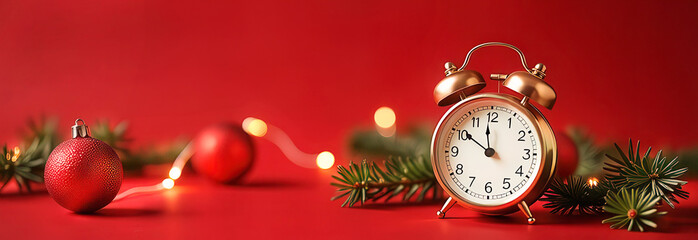 Banner of golden alarm clock, red Christmas ornaments, festive balloons, pine branches, garland of lights on a red background. Concept the countdown to Christmas, New Year, party atmosphere of family