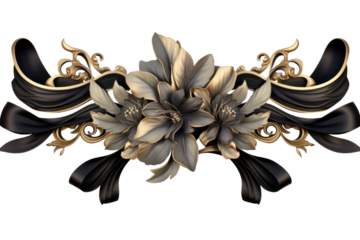 Elegant ribbon featuring a gothic floral design with deep black petals and subtle hints of gold, isolated on a white background