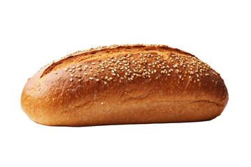 Freshly baked rye bread loaf with a golden-brown crust, sprinkled with sesame seeds, and resting on a white background