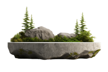 Grey rock stone podium with a backdrop of dense green forest and natural landscape, ideal for product presentation isolated on white background