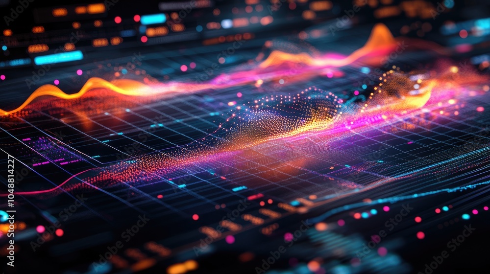 Poster abstract digital data visualization with glowing particles and lines on a grid background.