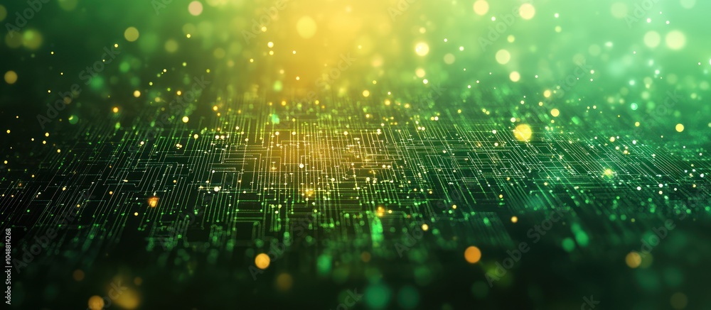 Poster abstract green and gold bokeh background with a circuit board design.