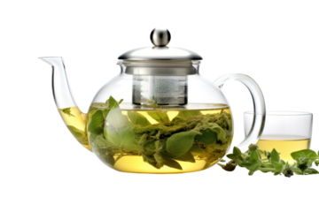 Modern glass teapot filled with herbal tea and a removable infuser isolated on white background