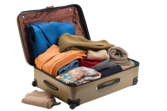 Luggage filled with travel essentials such as clothing, sunglasses, and a toiletry bag, placed open on a white background