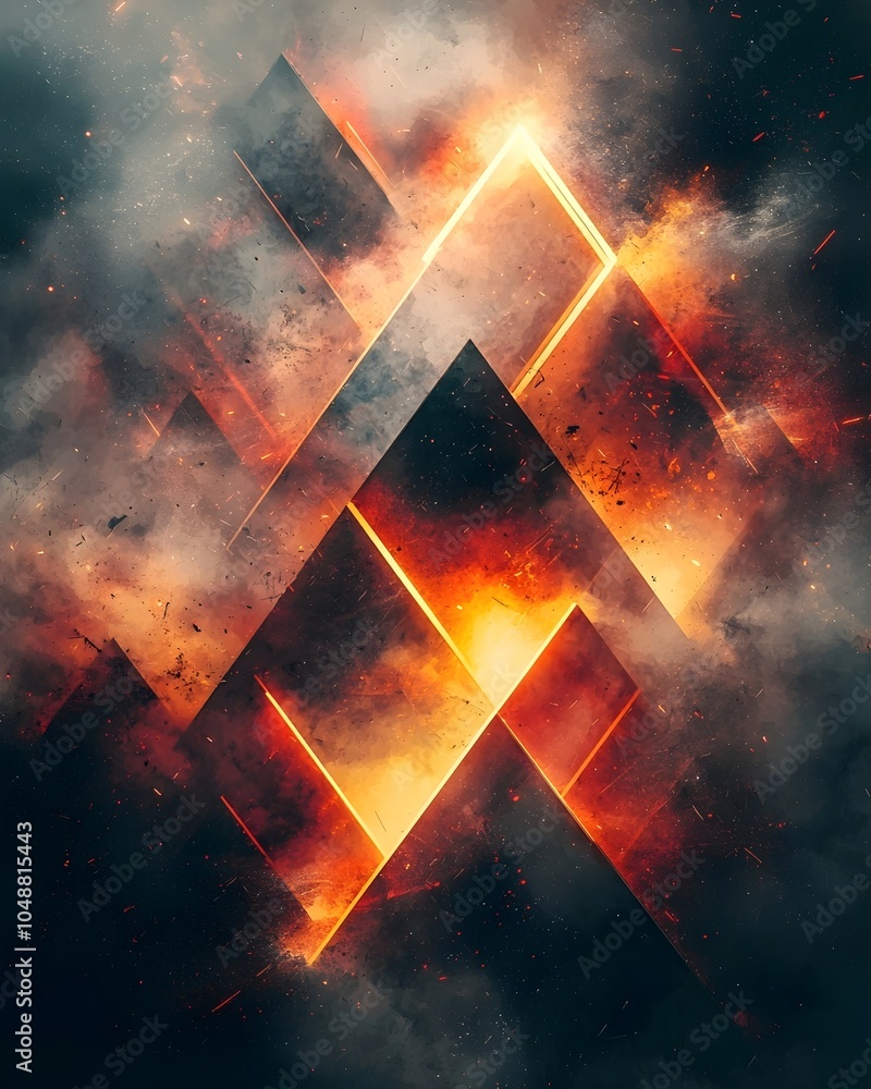 Poster an abstract representation of fiery geometric shapes emerging from a smoky background, creating a dr