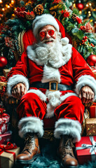 Obraz premium Christmas Throne, Happy and Crazy Santa Claus laughing, Christmas hat on head wearing cool sunglasses, magical winter decoration, Xmas Concept, Festive Winter Holiday Celebration, Gifts and Presents