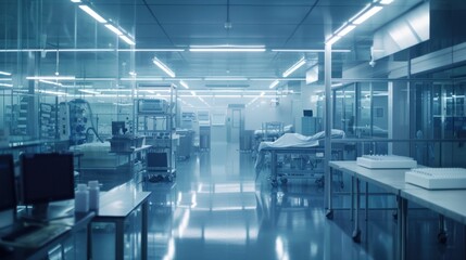 Fototapeta premium Sterile and Empty Medical Laboratory with Fluorescent Lighting