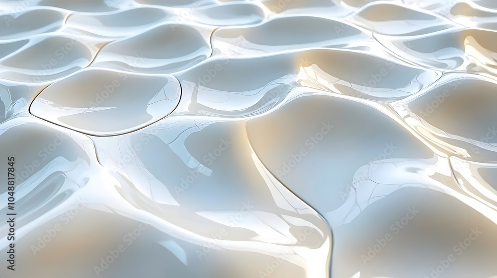 Poster a close-up view of shimmering, soft-textured liquid forms, showcasing gentle curves and reflective s