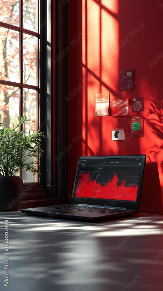Poster laptop with a red screen on a table by the window.