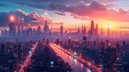 Obraz premium Futuristic Cityscape at Sunset