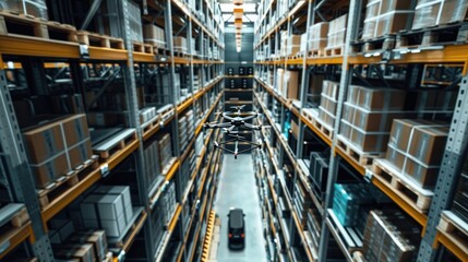 Drone Flying Through Warehouse Aisle with Shelves of Boxes