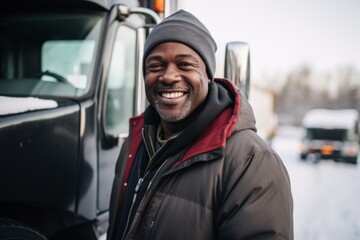 Portrait of a smiling middle aged male truck driver on snow