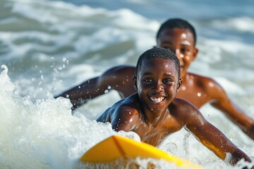 African American friends surfing in tropical waves, vibrant ocean colors, smiling faces, and adrenaline, celebrating an active lifestyle 