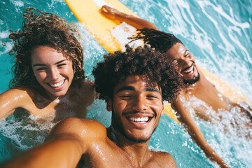 African American friends surfing in tropical waves, vibrant ocean colors, smiling faces, and adrenaline, celebrating an active lifestyle