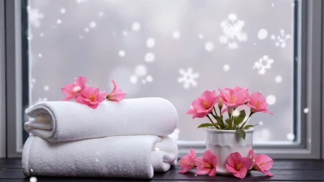 A stack of white towels with pink Mandevilla flowers on top. Perfect for health and wellness promotion, spa marketing, hotel advertising, and home decor inspiration. Wellness and self-care Concept