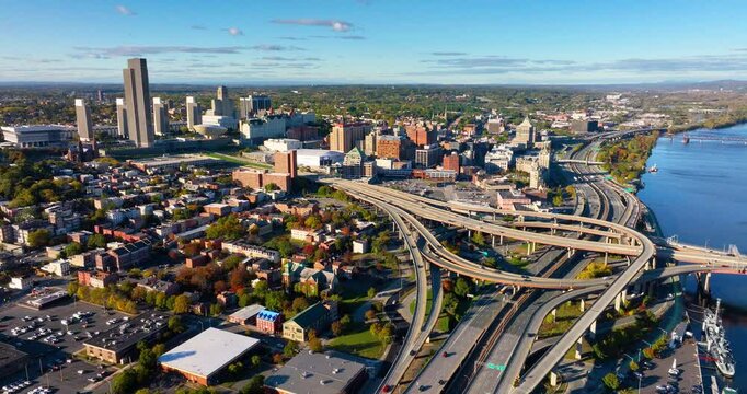 Panorama of the city of Albany. Downtown of the city with administrative buildings. Highways and bridges over the Hudson River.