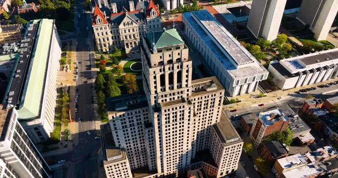 Aerial view of the central part of the city with government buildings. Autumn city in the sun. Building of New York state division of Criminal Justice Services in Albany,