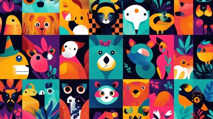 Fototapeta premium Cute animals in minimalist block art, with bright abstract patterns creating a cheerful atmosphere.