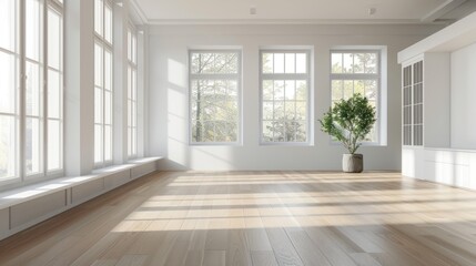 Obraz premium Sunlight streaming through large windows in a minimalist white room with wooden floors