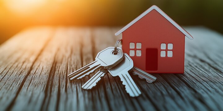 House keys and small red home model on wooden table at sunset, symbolizing new property ownership or real estate investment.