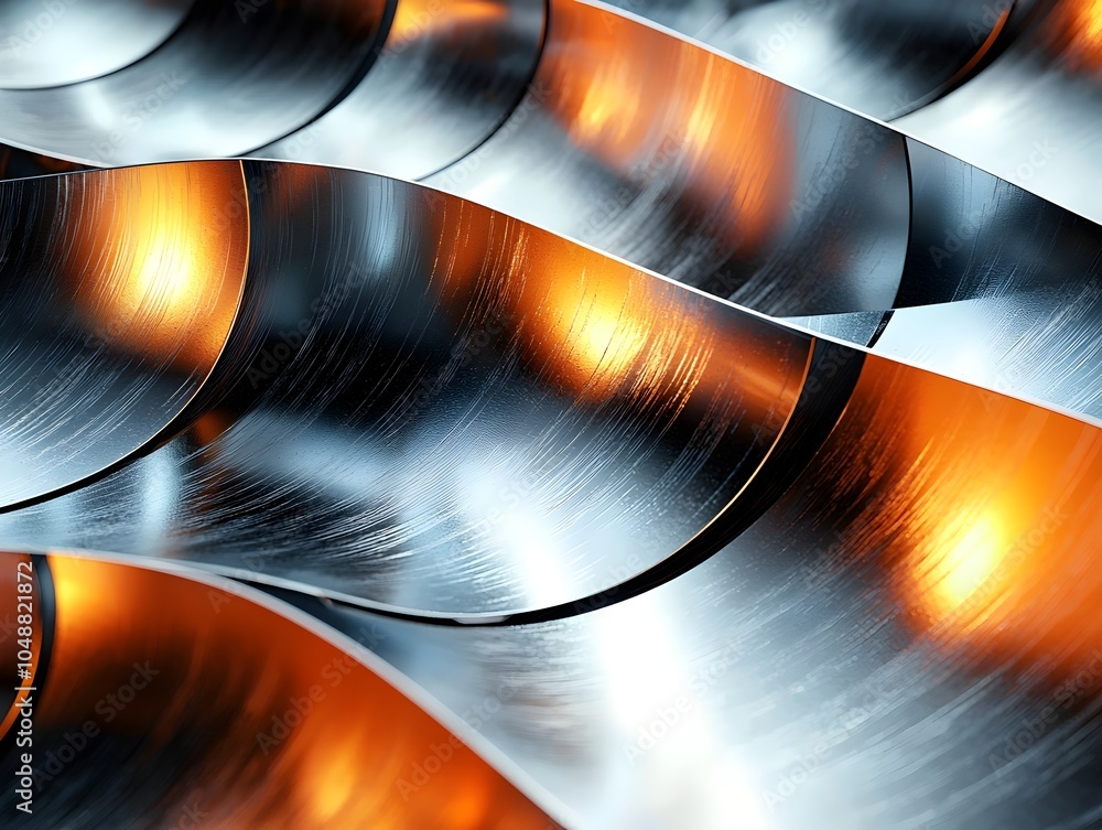 Poster abstract representation of metallic waves with shimmering silver and vibrant orange hues, creating a