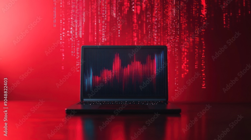 Poster laptop with red glowing data stream in the background.
