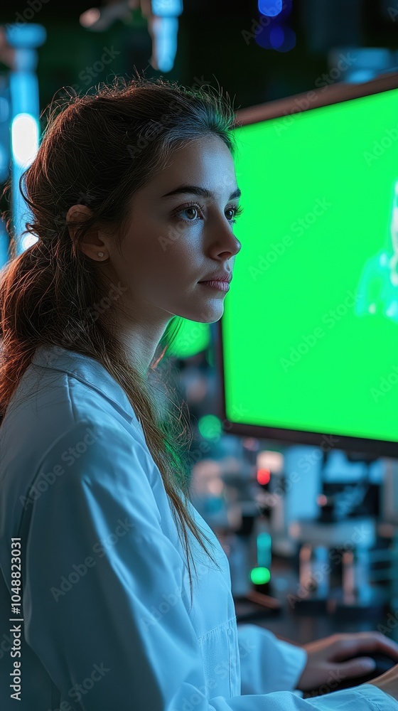 Poster A female scientist looks intently at a computer monitor in a high-tech laboratory.