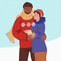 Hugging couple in winter clothes. Man and woman in love, happy family on a walk. Winter romance. Flat. Hand drawn vector illustration.