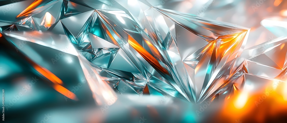Poster a stunning display of sharp, crystalline structures reflecting vivid shades of blue and orange, crea