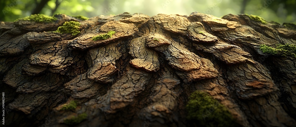 Poster close-up of a textured tree bark in a serene forest, featuring intricate patterns and vibrant green 
