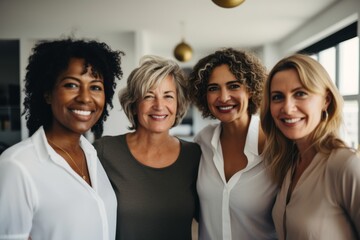 Portrait of a smiling group of body positive middle aged businesswomen in office