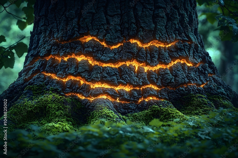 Poster a majestic tree trunk illuminated from within, showcasing glowing cracks and surrounded by lush gree