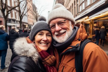 Fototapeta premium Close up of senior couple taking selfie in city