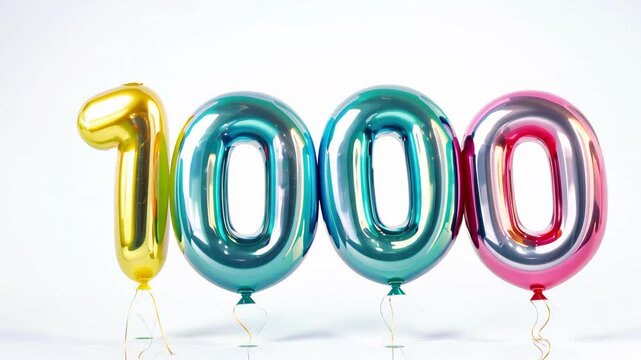 Colorful "1000" balloon arrangement on a white background, symbolizing a major achievement or milestone celebration - Powered by Adobe