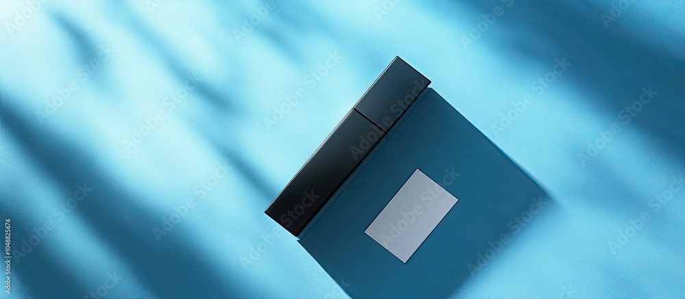 Poster black rectangular object on a blue background with a blank card.