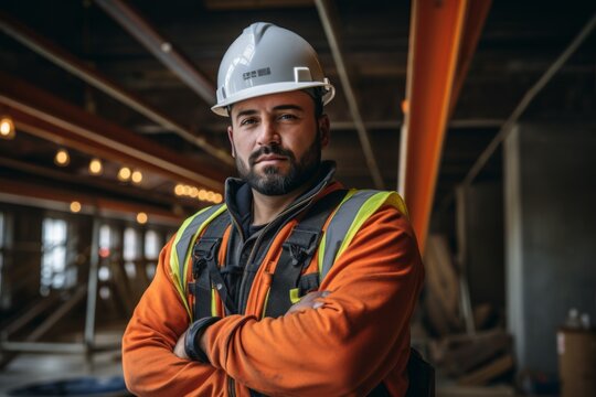 Portrait of a Hispanic construction worker inside of unfinished building