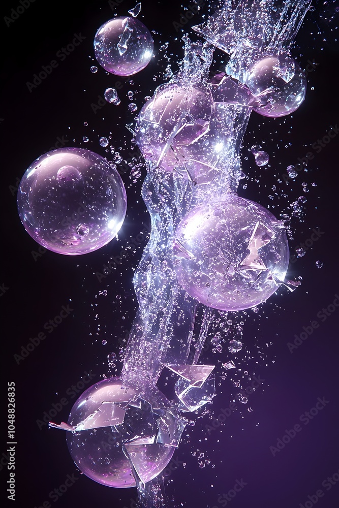 Poster An artistic composition of floating, iridescent bubbles immersed in sparkling water, creating a captivating scene with shards of glass reflecting light throughout.