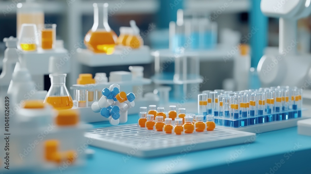 Poster new drug development process visualized with scientific models and lab setups, representing research