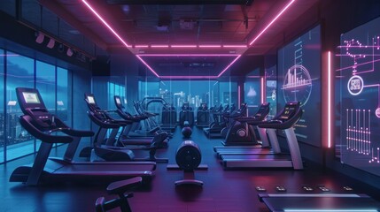 Fototapeta premium Futuristic Gym Interior with Treadmills and City Skyline View