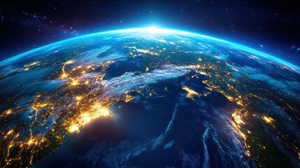Fototapeta premium Earth glowing with city lights, rendered in 3D from space, showing the vibrancy of urban areas.