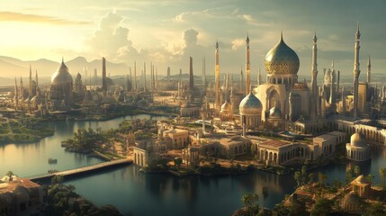 Fototapeta premium A modern city where religious tolerance is visibly practiced, with places of worship from different faiths coexisting,