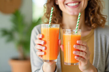 Fototapeta premium carrot or orange juice in a bottle in a woman's hand, a healthy eating concept