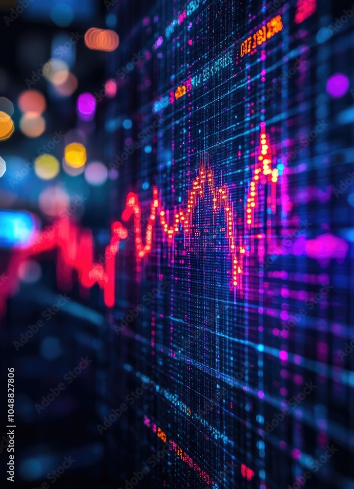 Poster abstract digital graph with red and blue lines, a bokeh background with bright lights.