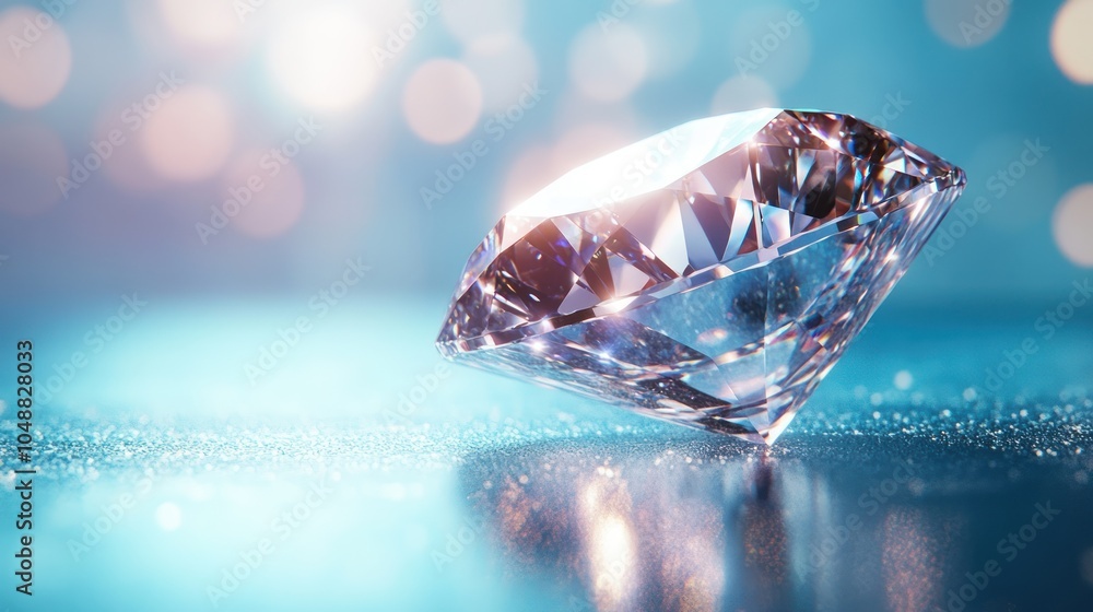 Poster a sparkling diamond on a blue background with bokeh lights.