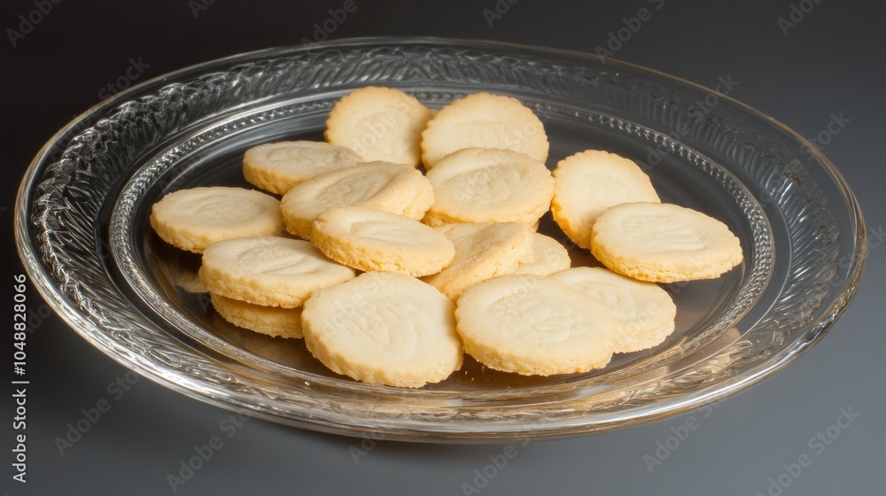 Poster a close-up shot of a plate of shortbread cookies. the cookies are golden brown and arranged in a cir